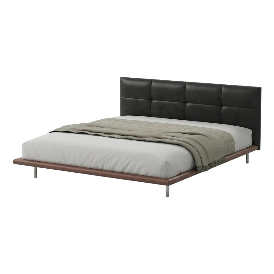 Modern Black Leather Platform Bed with Tufted Headboard