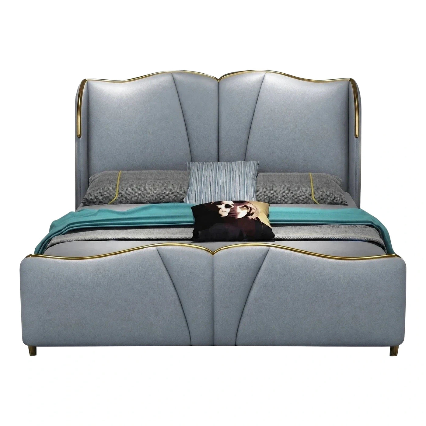 Grey Leather Platform Bed with Gold Metal Trim