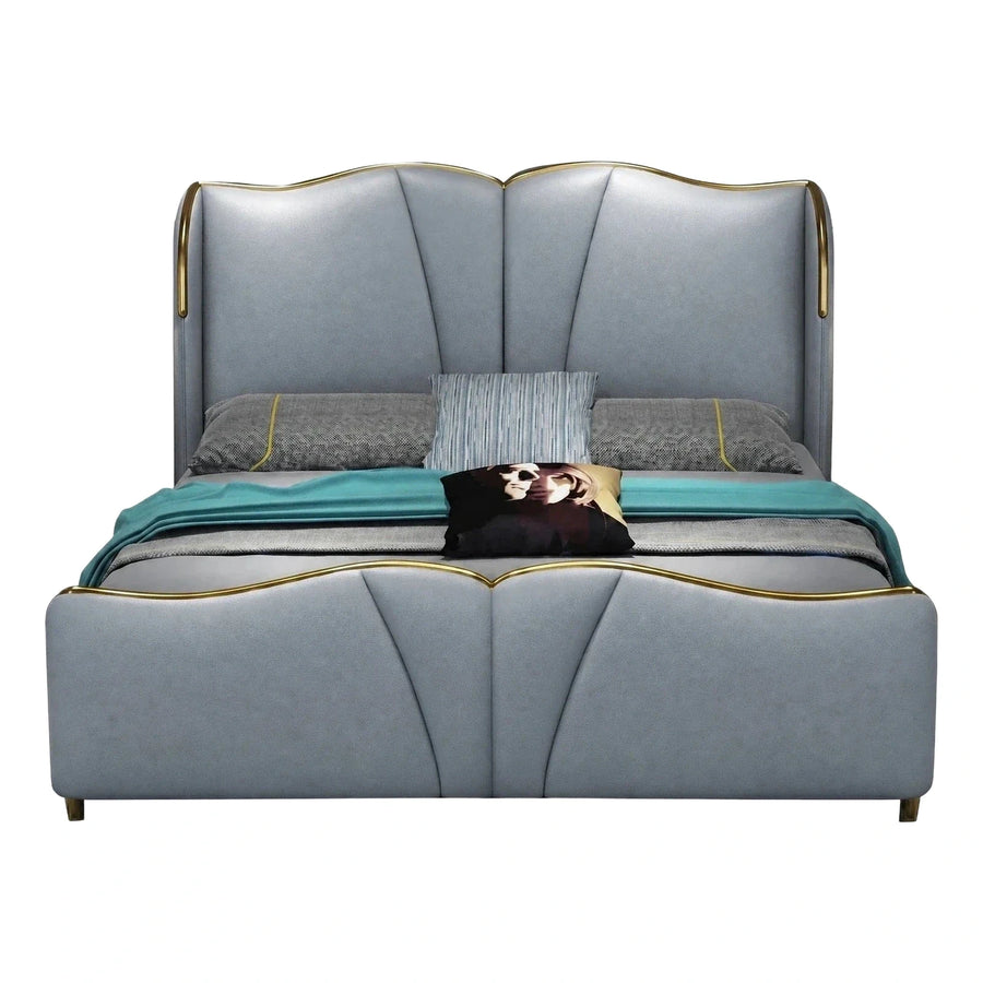 Grey Leather Platform Bed with Gold Metal Trim