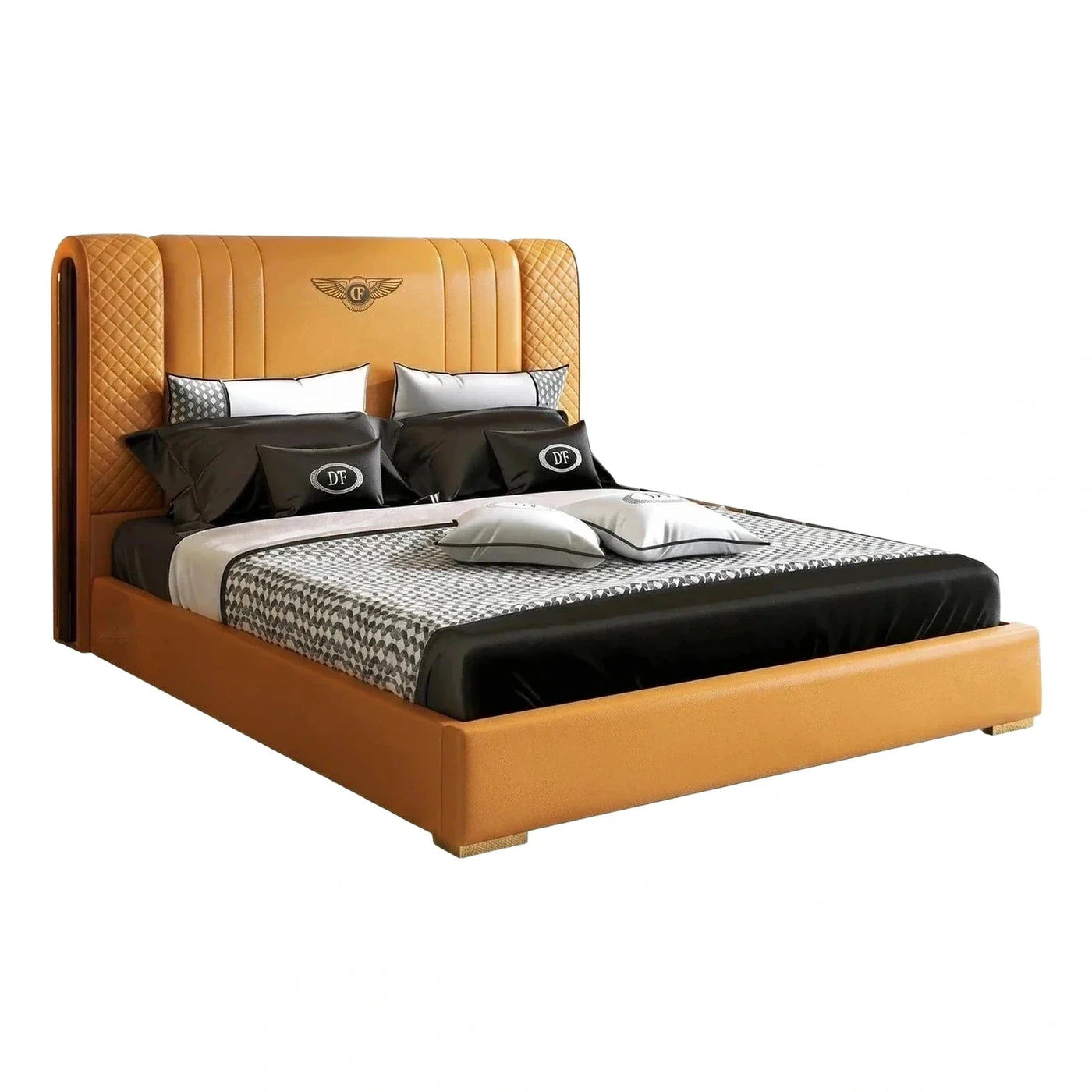 Luxury Orange Leather Platform Bed with Wingback Headboard