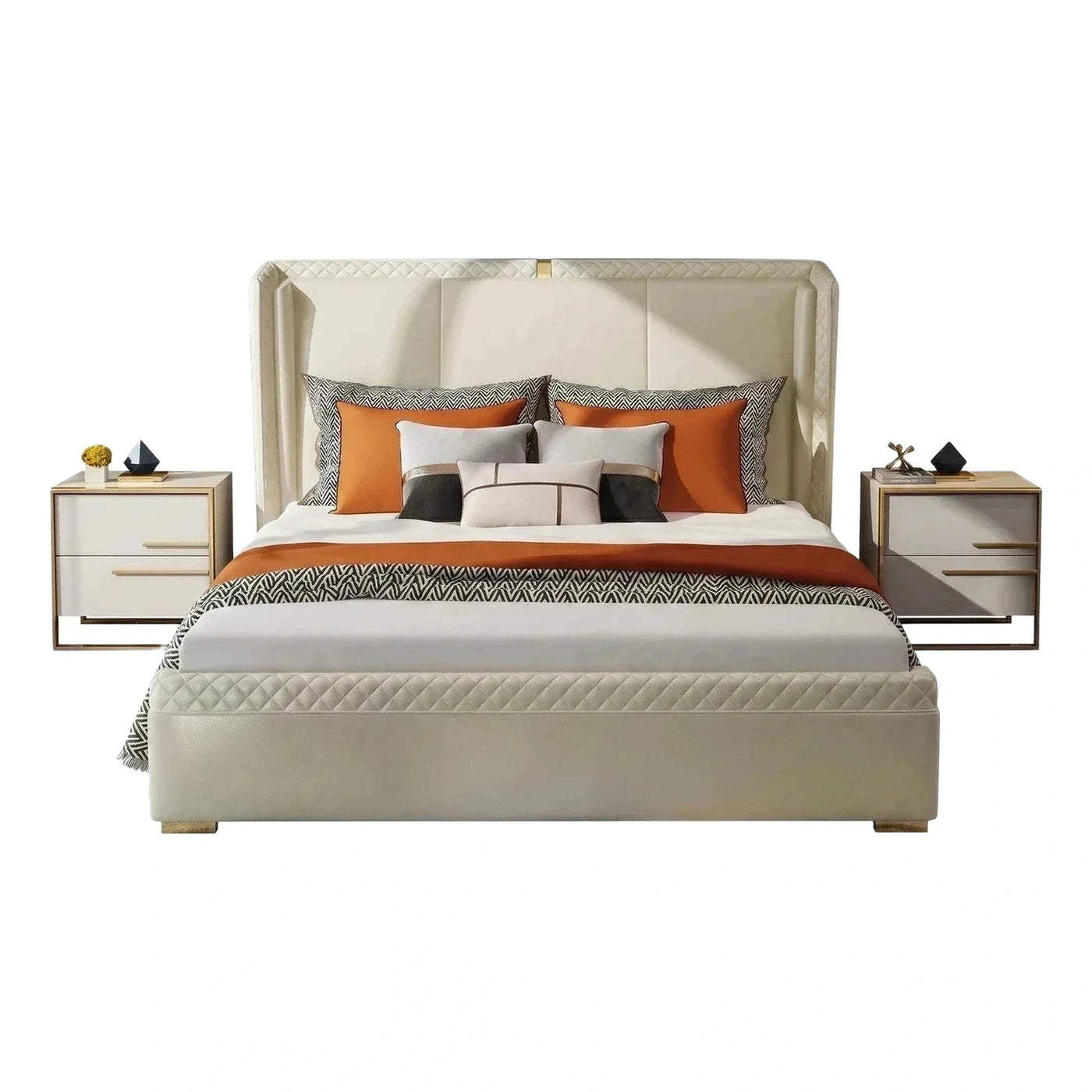 Cream Upholstered Platform Bed with Tufted Wingback Headboard