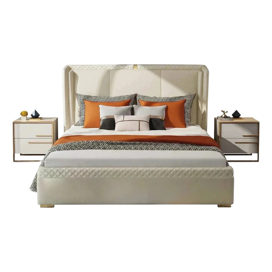 Cream Upholstered Platform Bed with Tufted Wingback Headboard
