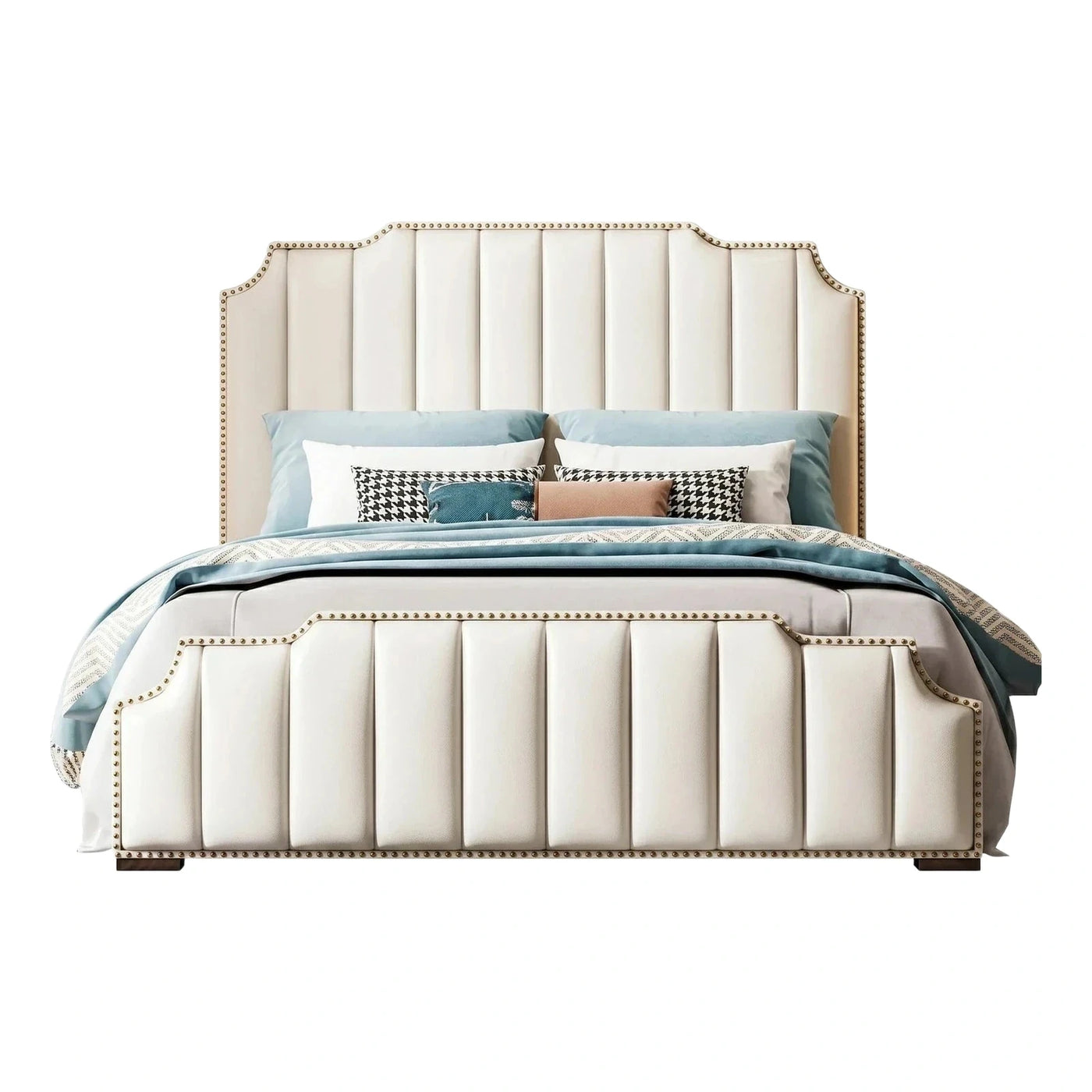 Cream Upholstered Bed with Nailhead Trim