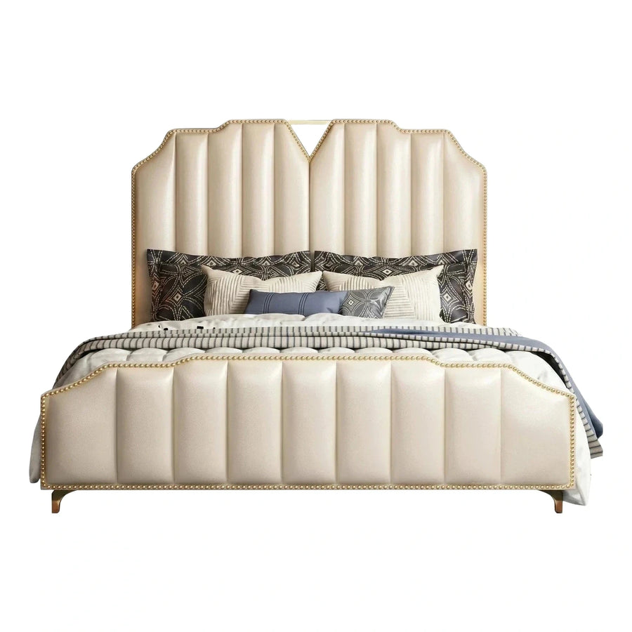 Cream Leather Channel Tufted Bed with Gold Nailhead Trim