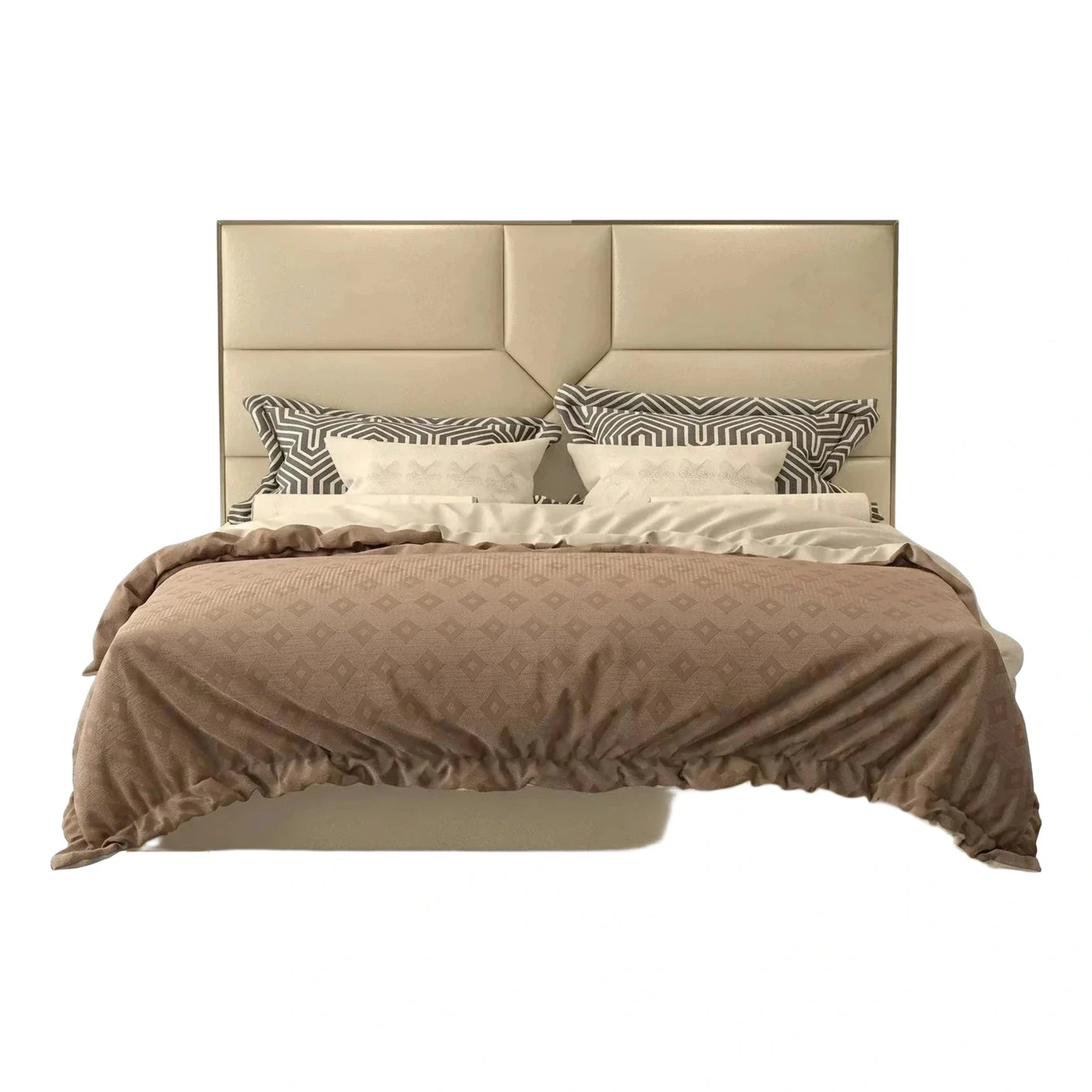 Modern Beige Upholstered Bed with Geometric Panel Headboard