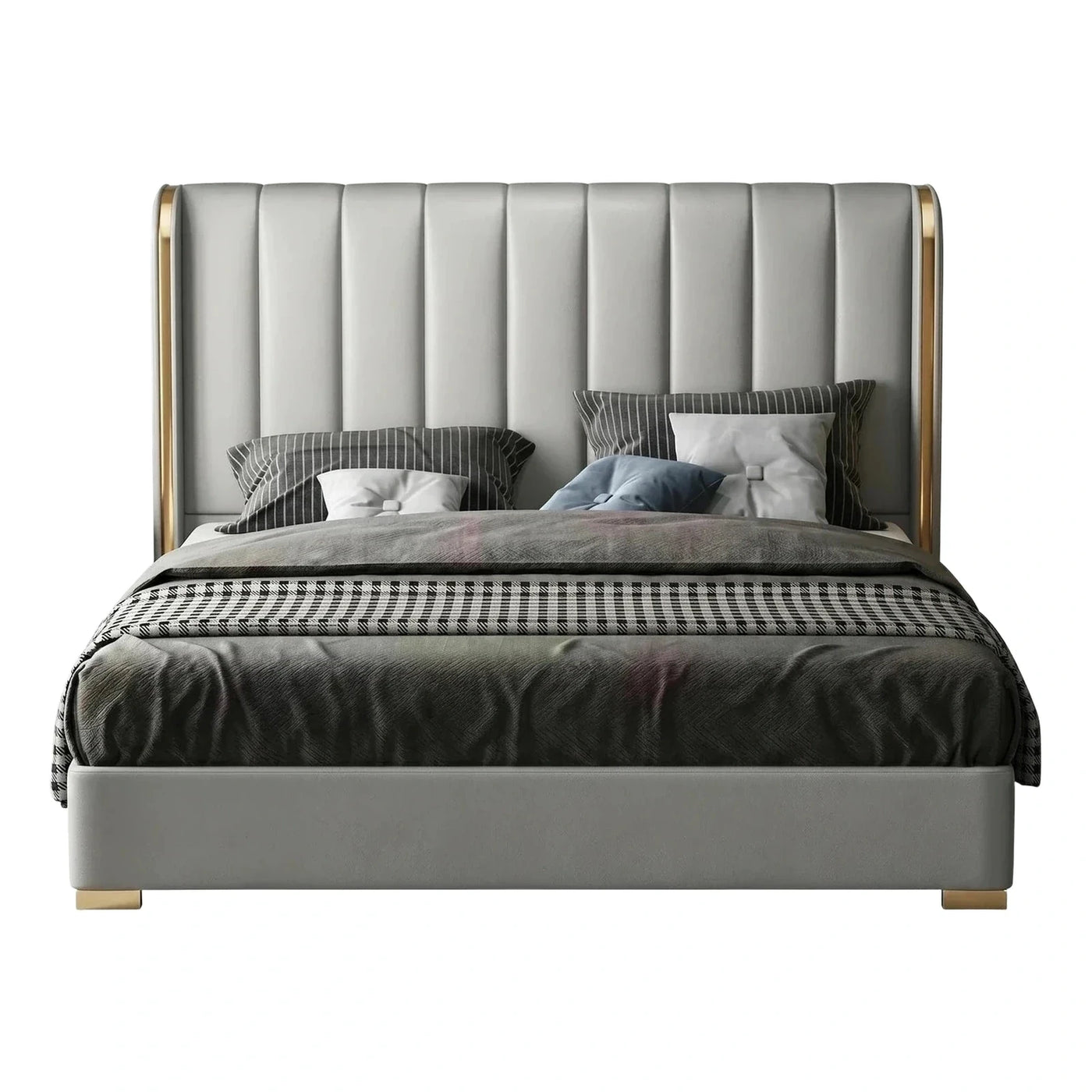 Modern Grey Upholstered Bed with Gold Accents
