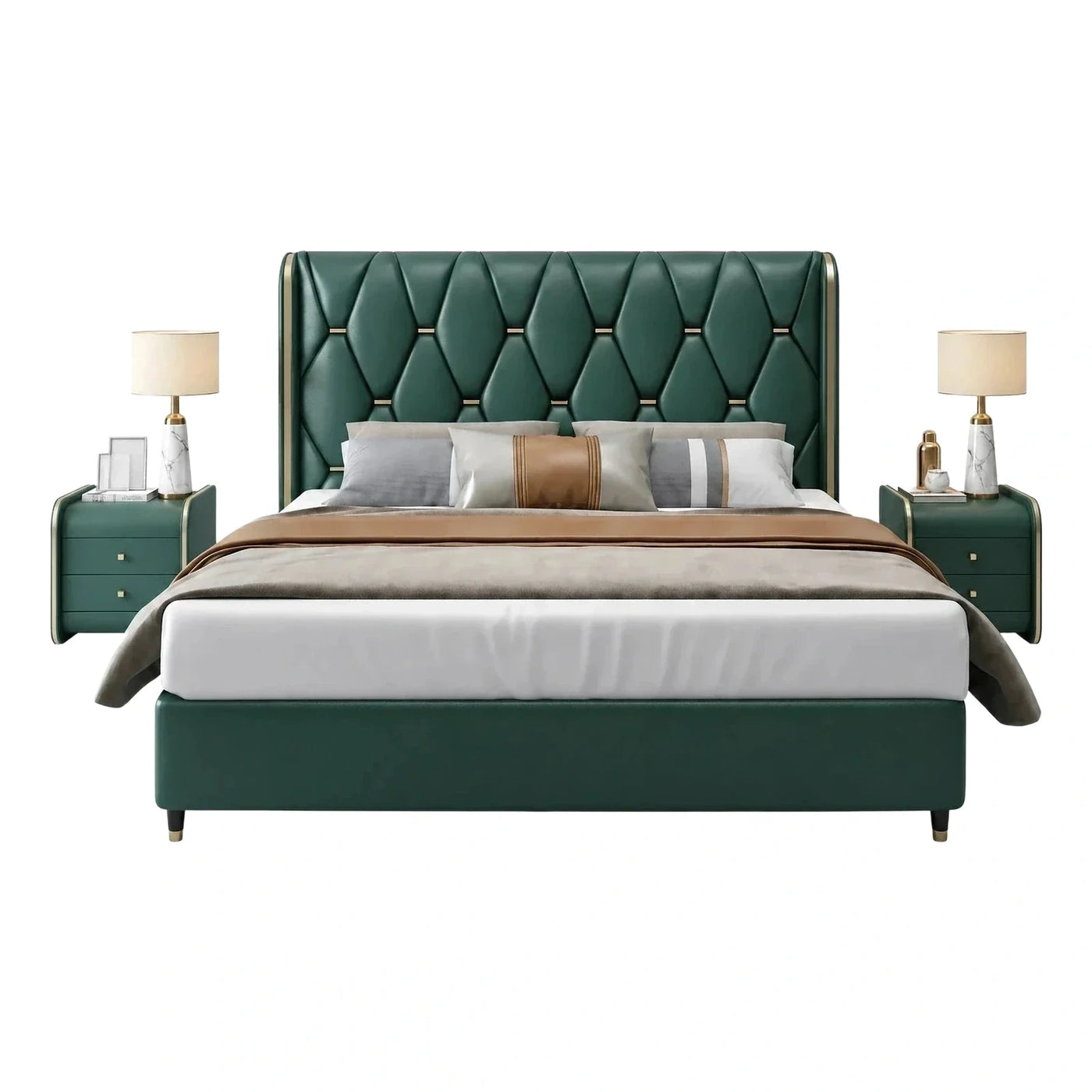 Green Tufted Leather Bed Frame with Gold Trim