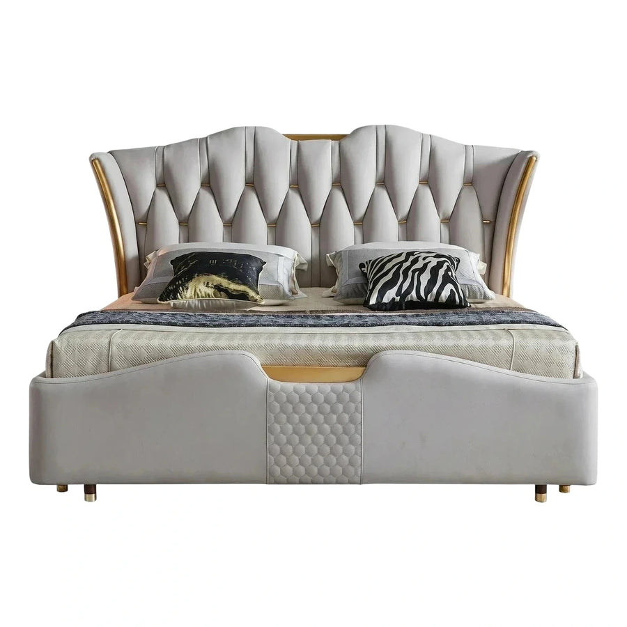 Luxury Grey Tufted Wingback Bed with Gold Metal Accents