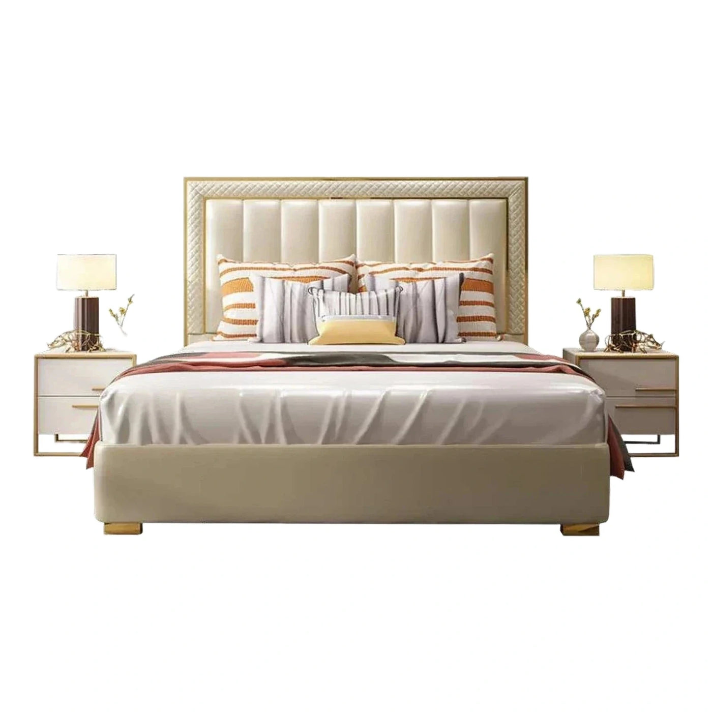 Cream Upholstered Platform Bed with Gold Frame