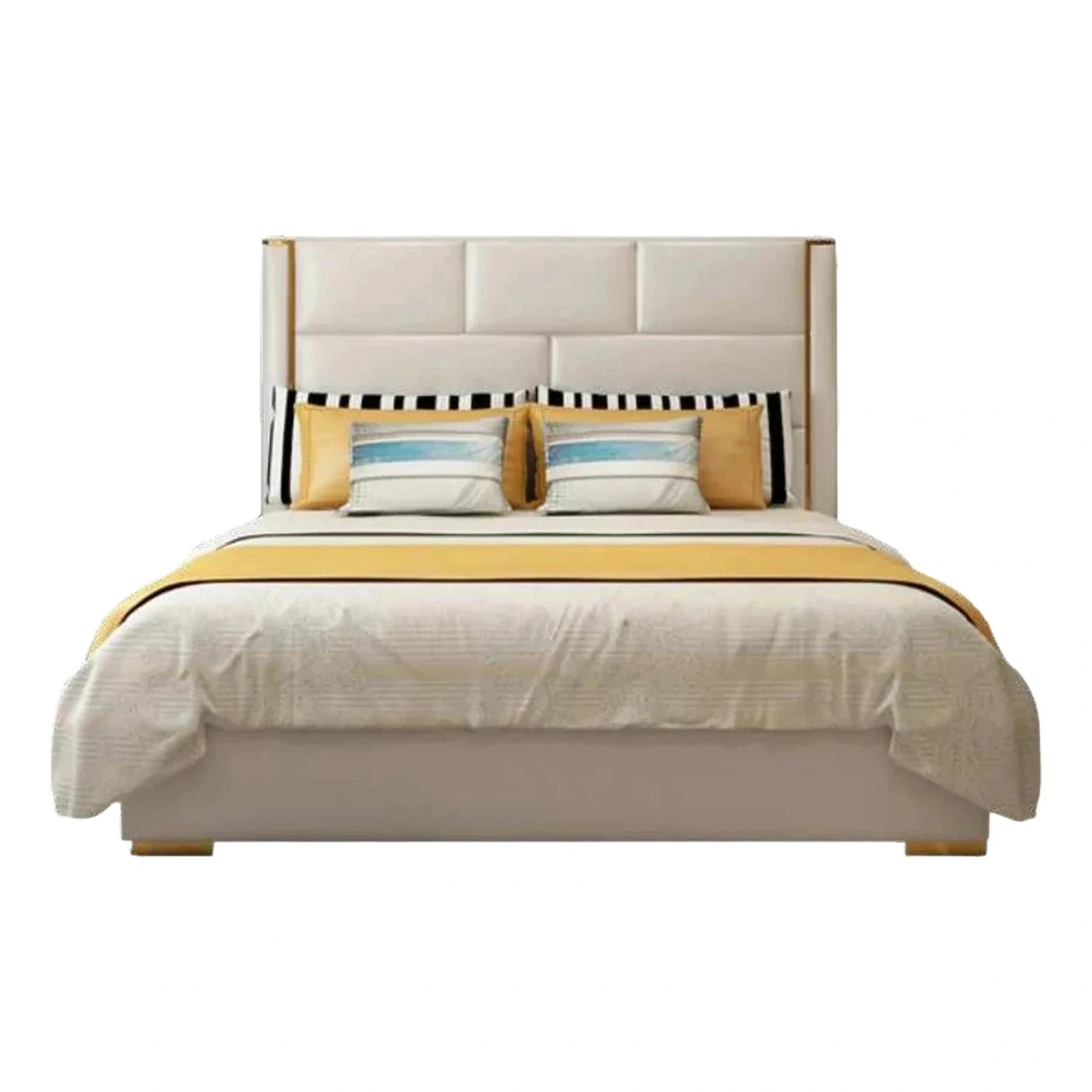 Modern Cream Upholstered Platform Bed with Gold Accents