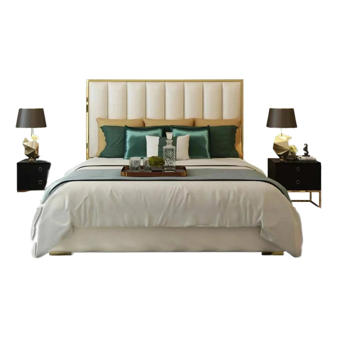 Modern Cream Upholstered Bed with Gold Metal Frame
