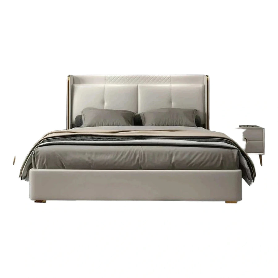 Modern Cream Upholstered Bed with Gold Trim