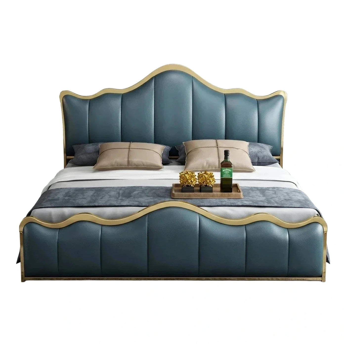 Blue Upholstered Platform Bed with Gold Metal Frame