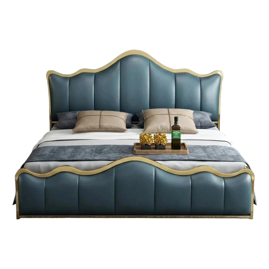 Blue Upholstered Platform Bed with Gold Metal Frame