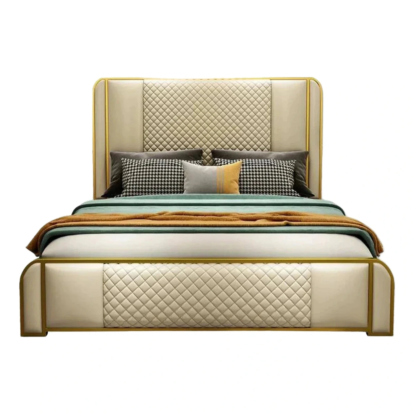 Cream Quilted Upholstered Bed with Gold Metal Frame