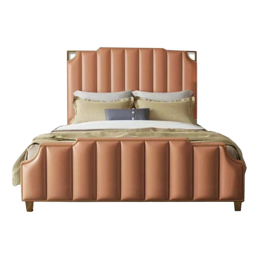 Cognac Leather Channel Tufted Bed Frame with Nailhead Trim