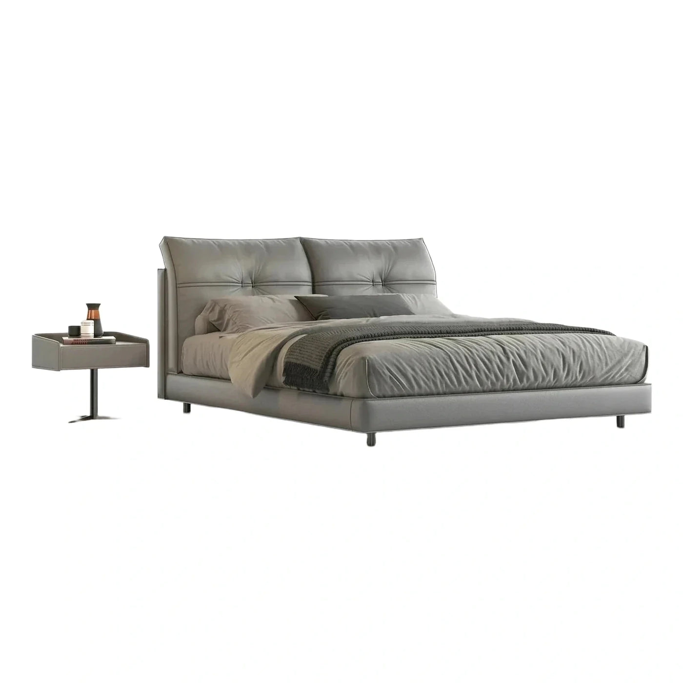 Grey Leather Platform Bed with Tufted Headboard