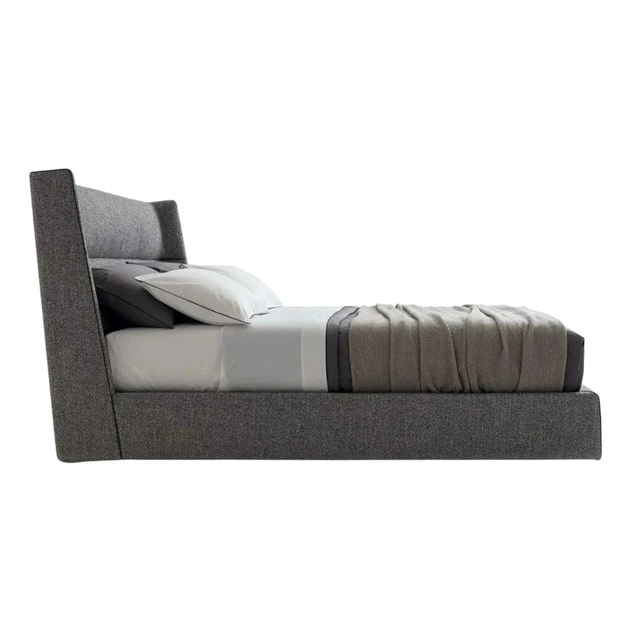 Modern Grey Upholstered Platform Bed with Winged Headboard