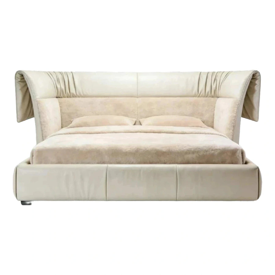 Cream Leather Upholstered Platform Bed with Winged Headboard