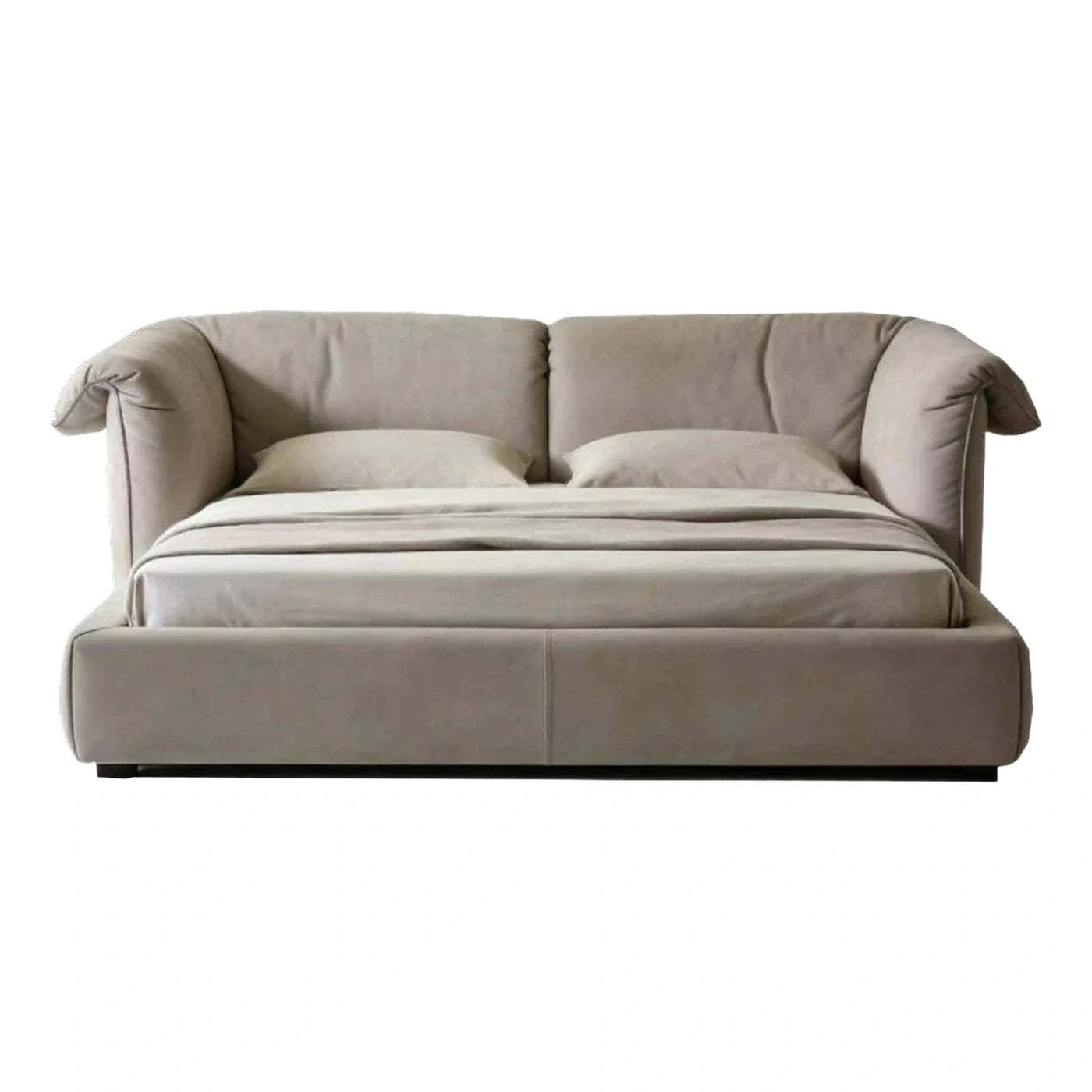 Modern Beige Upholstered Platform Bed With Wrapped Headboard