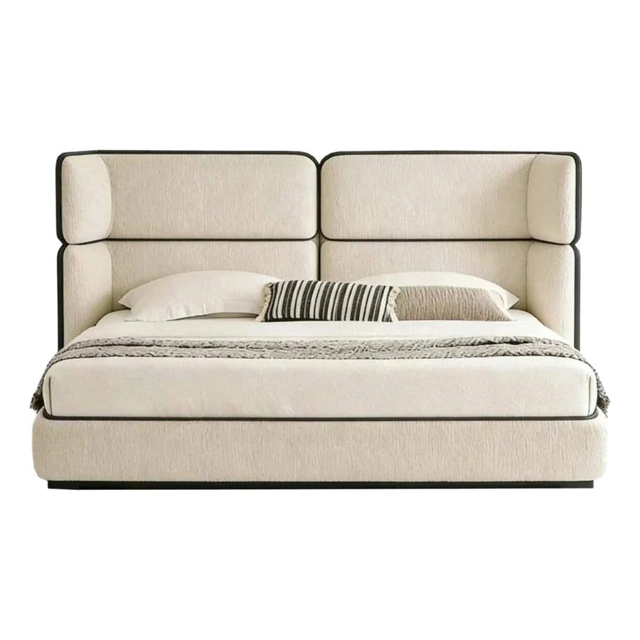 Cream Boucle Platform Bed With Black Piping