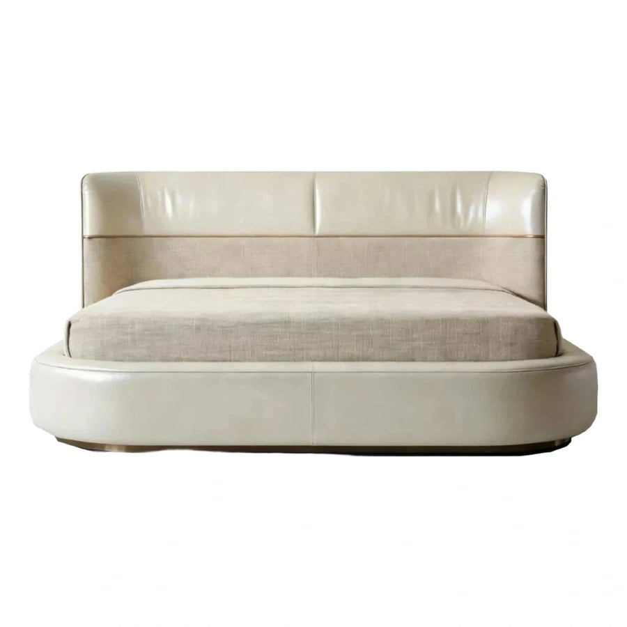 Cream Leather and Fabric Round Platform Bed