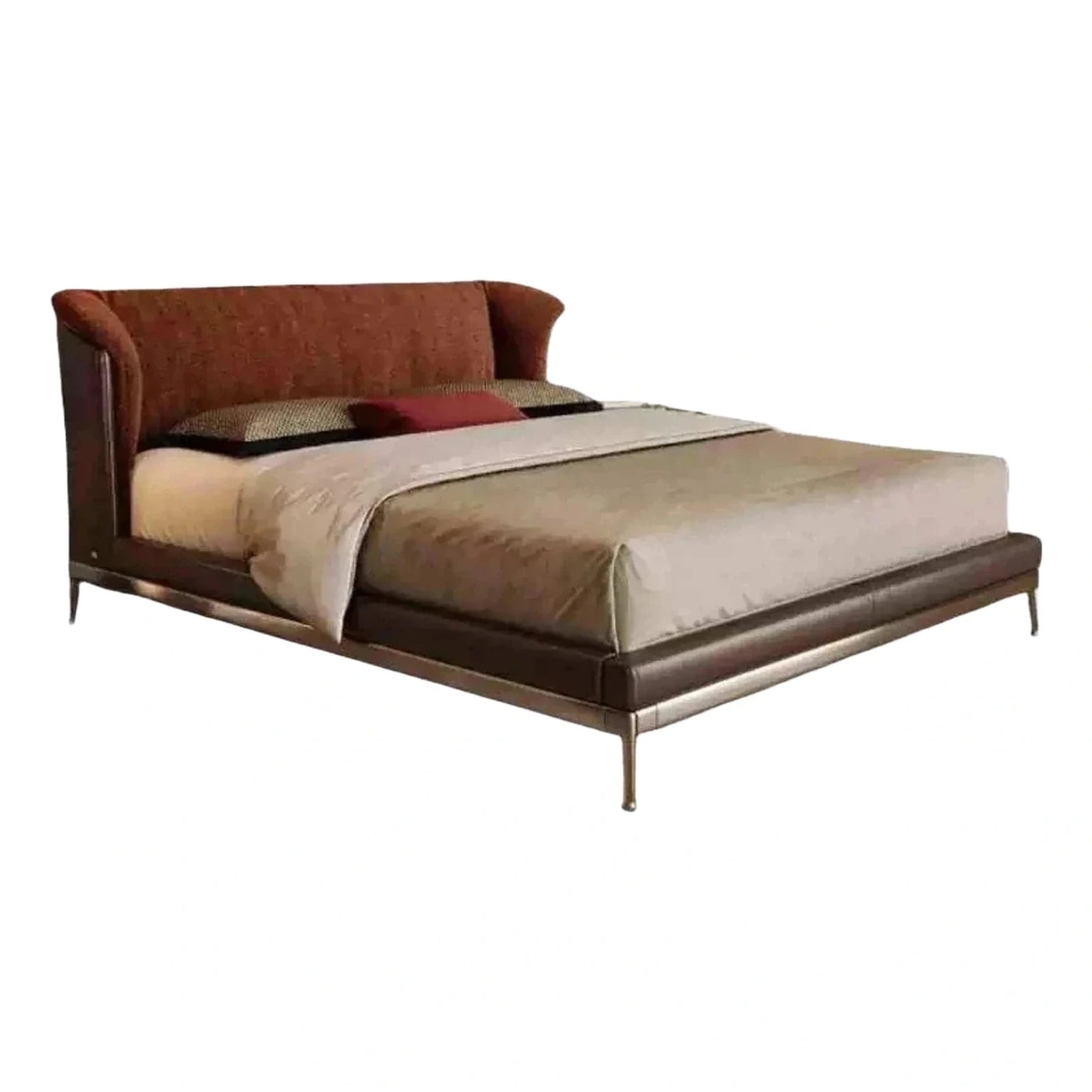 Luxury Brown Wingback Upholstered Platform Bed with Metal Trim