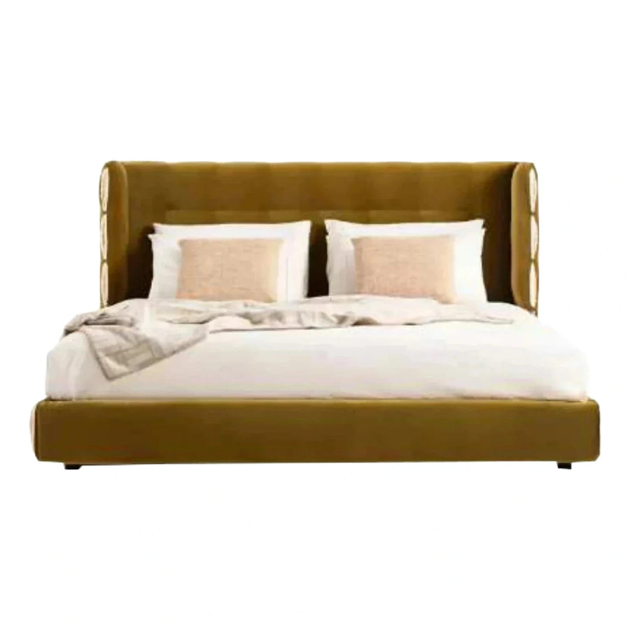 Mustard Velvet Wingback Upholstered Platform Bed Frame