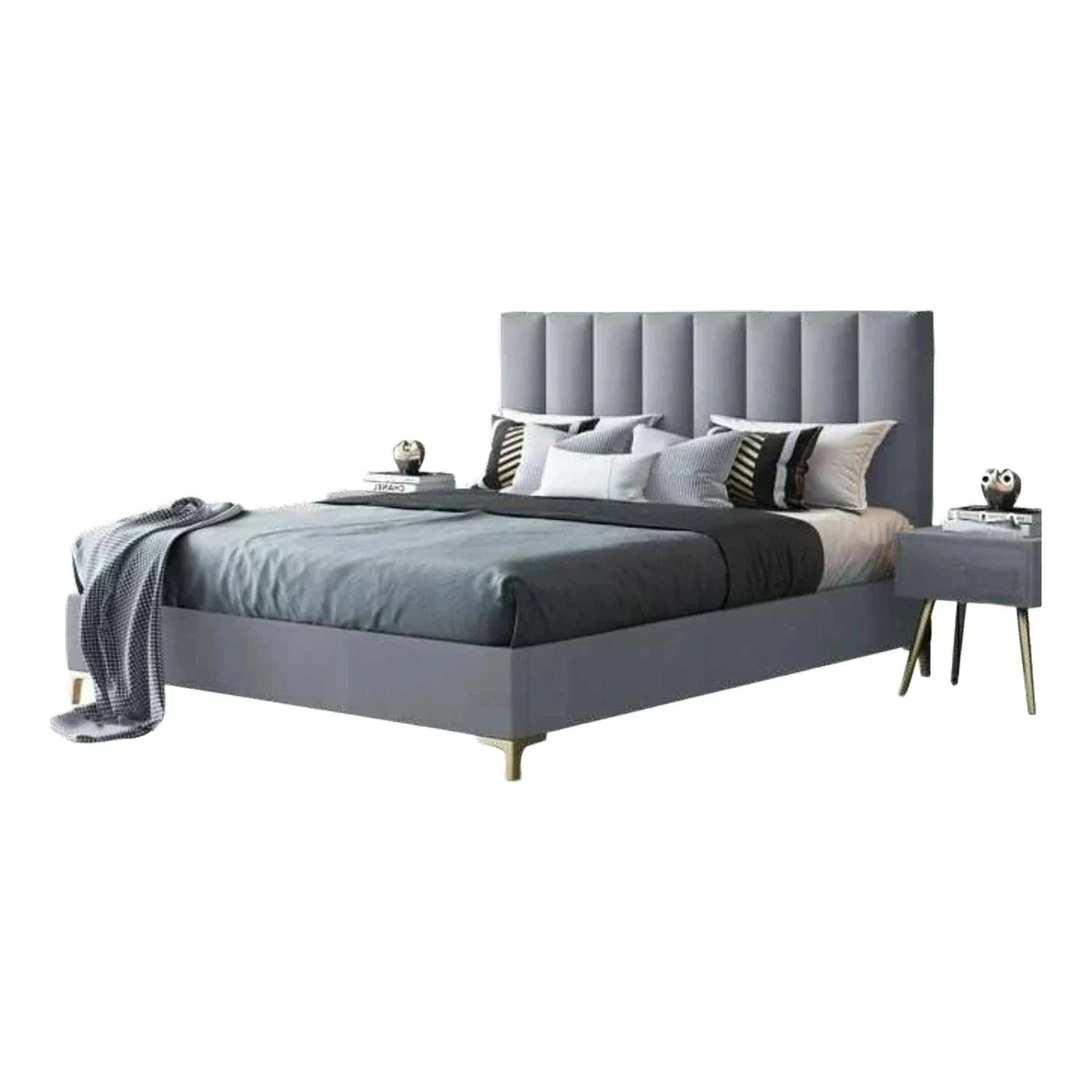 Modern Grey Upholstered Platform Bed with Tufted Headboard