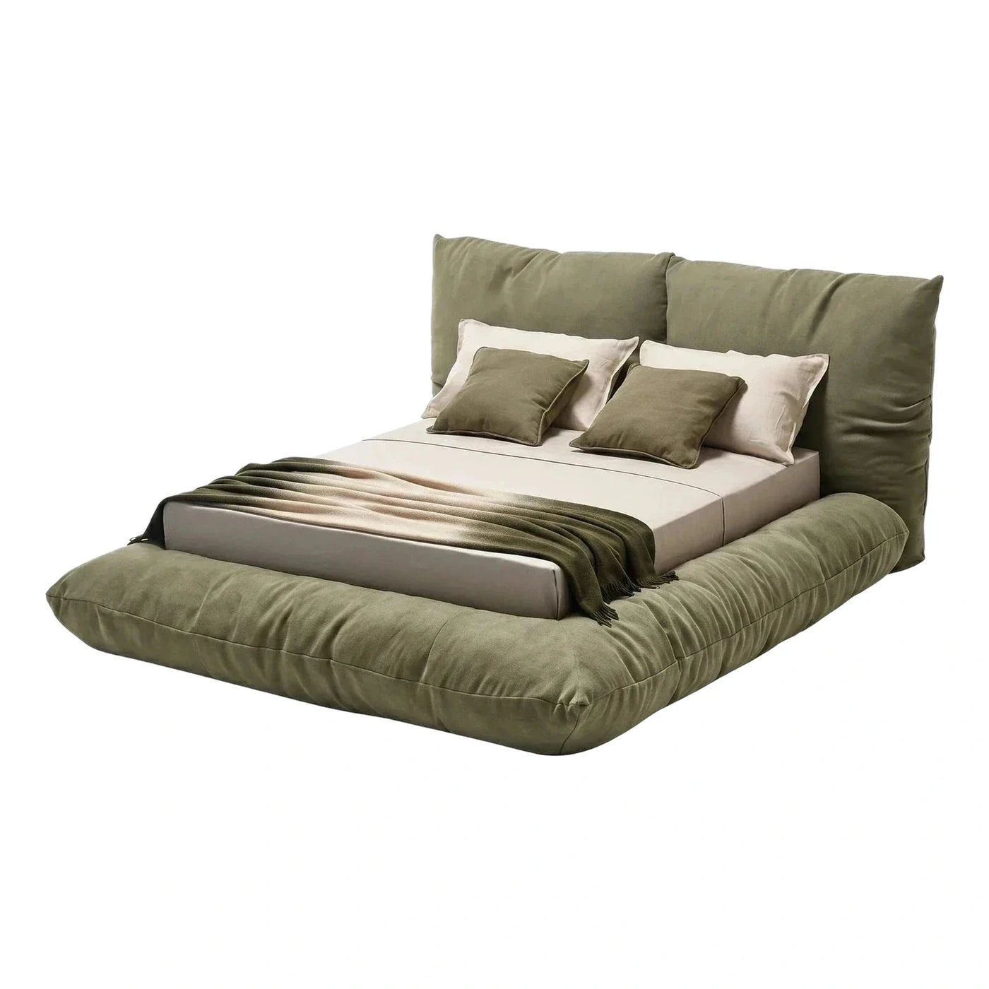 Sage Green Fabric Low Profile Bed with Back Cushions