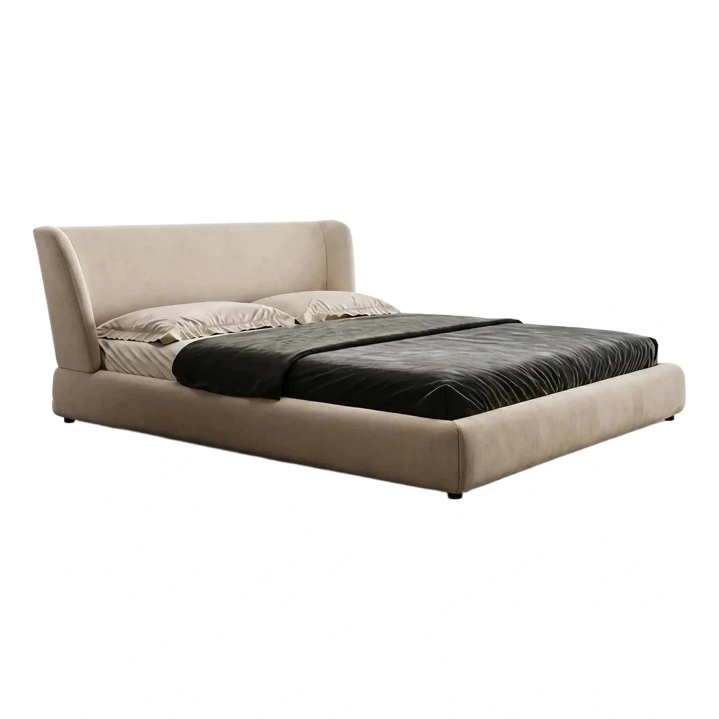 Beige Upholstered Platform Bed with Curved Headboard