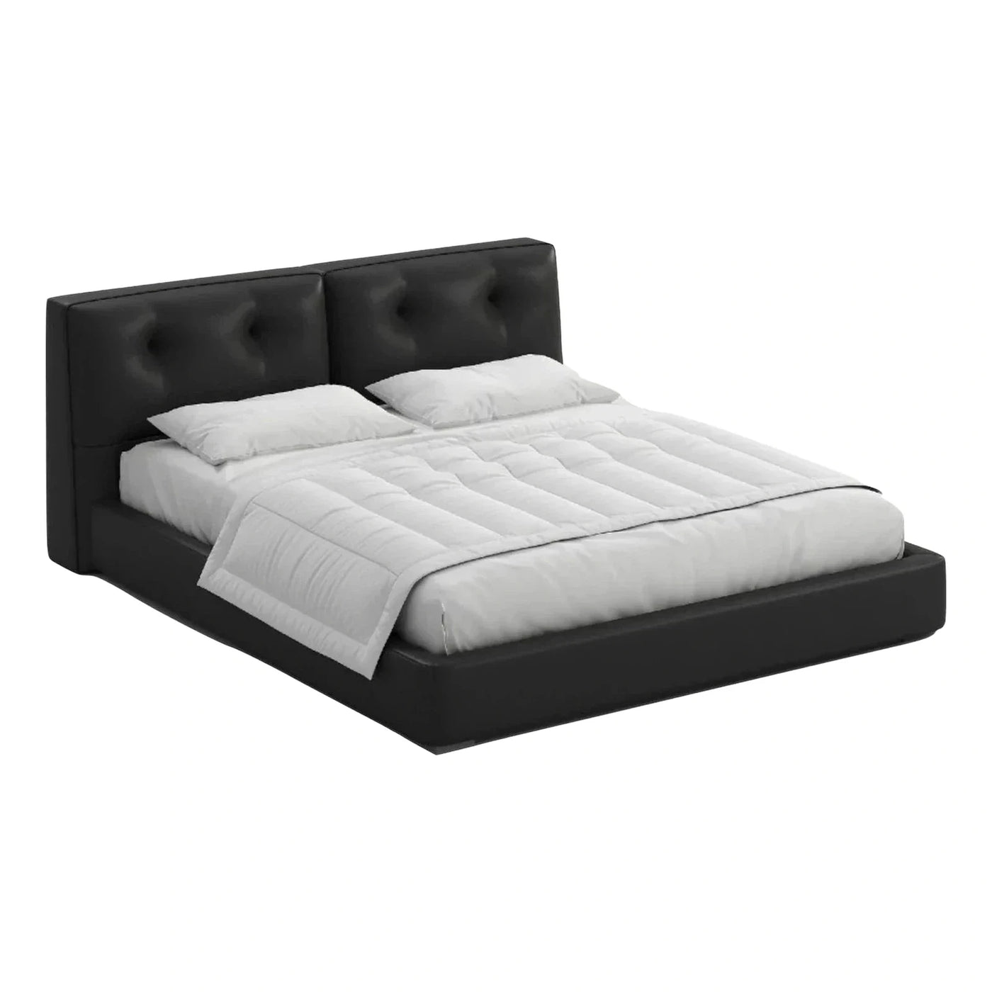 Modern Black Leather Platform Bed with Tufted Headboard