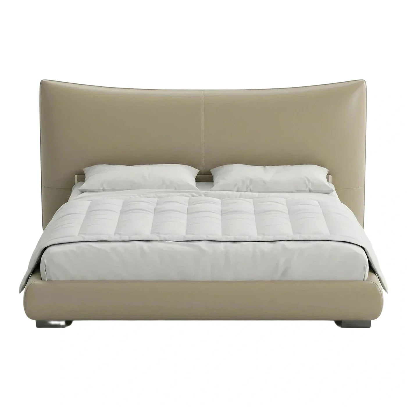 Modern Beige Leather Platform Bed with Curved Headboard