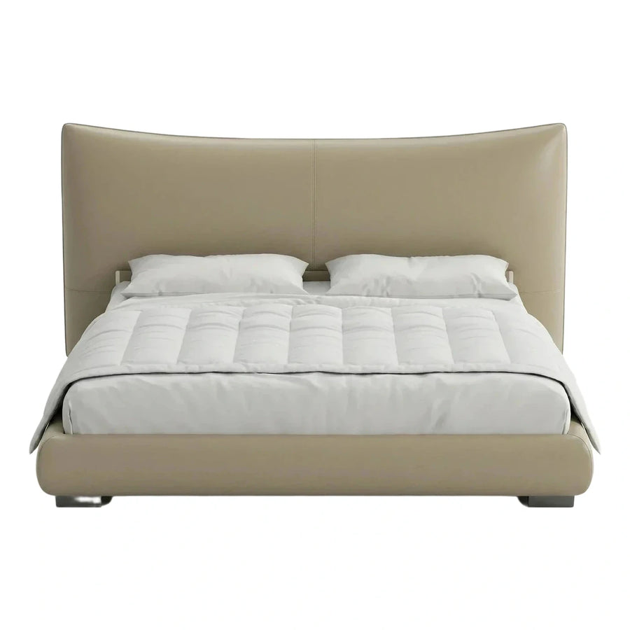 Modern Beige Leather Platform Bed with Curved Headboard