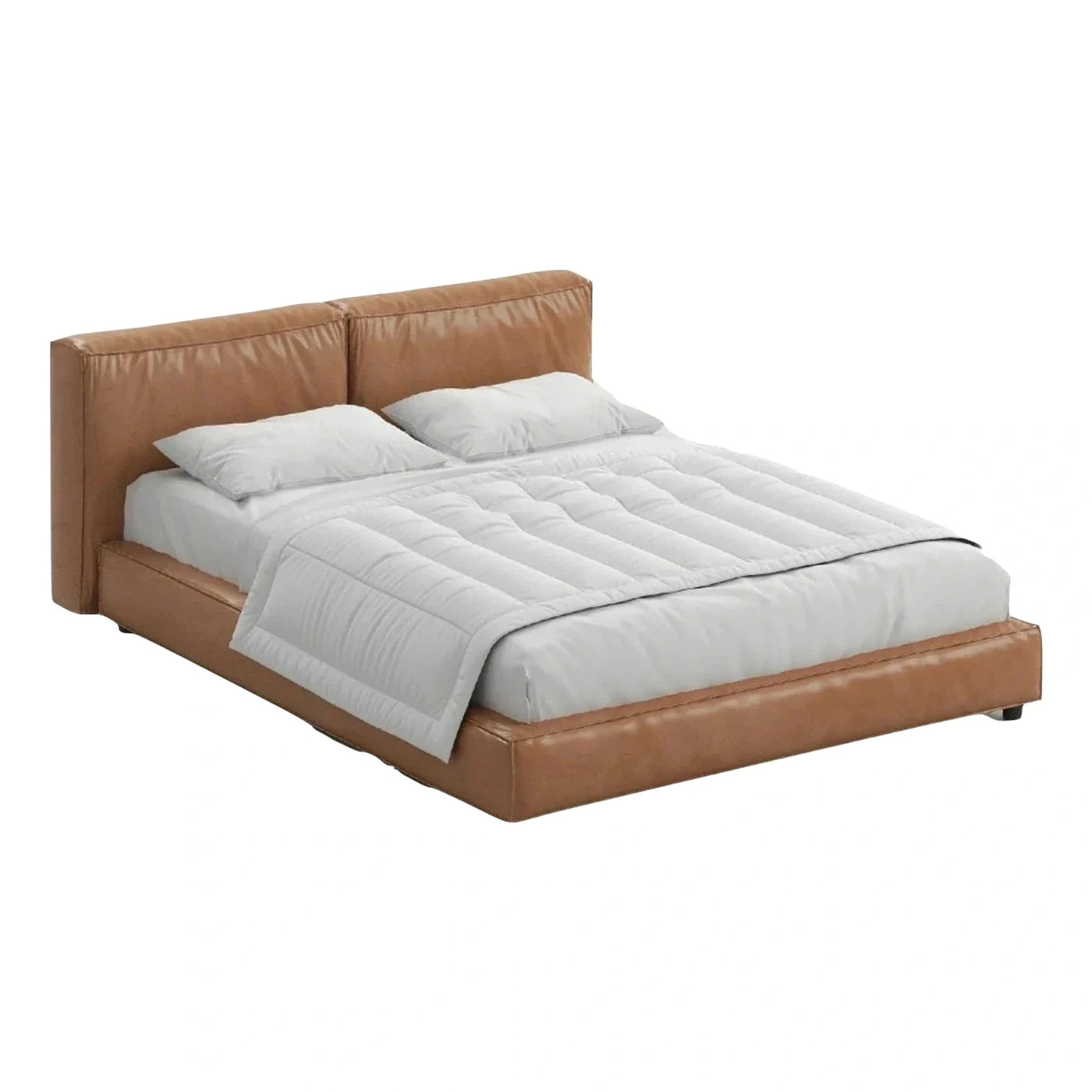 Modern Tan Leather Platform Bed with Split Headboard