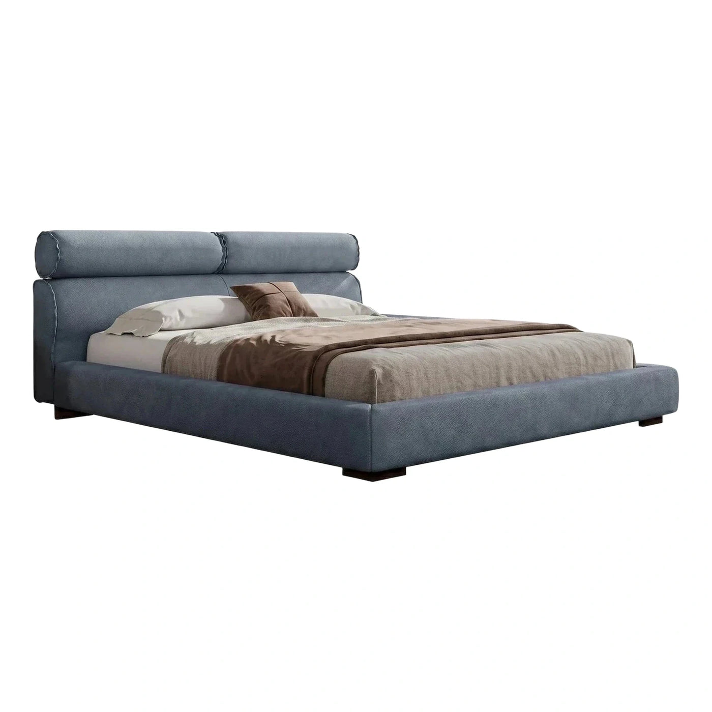 Modern Blue Leather Platform Bed with Bolster Headboard
