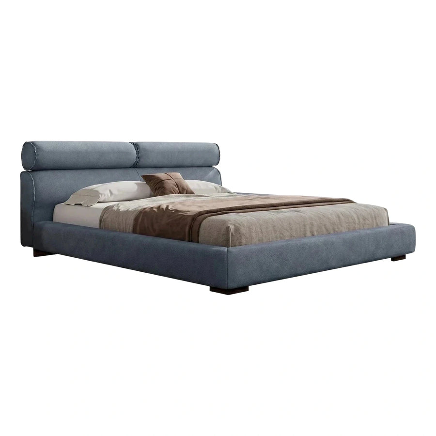 Modern Blue Leather Platform Bed with Bolster Headboard