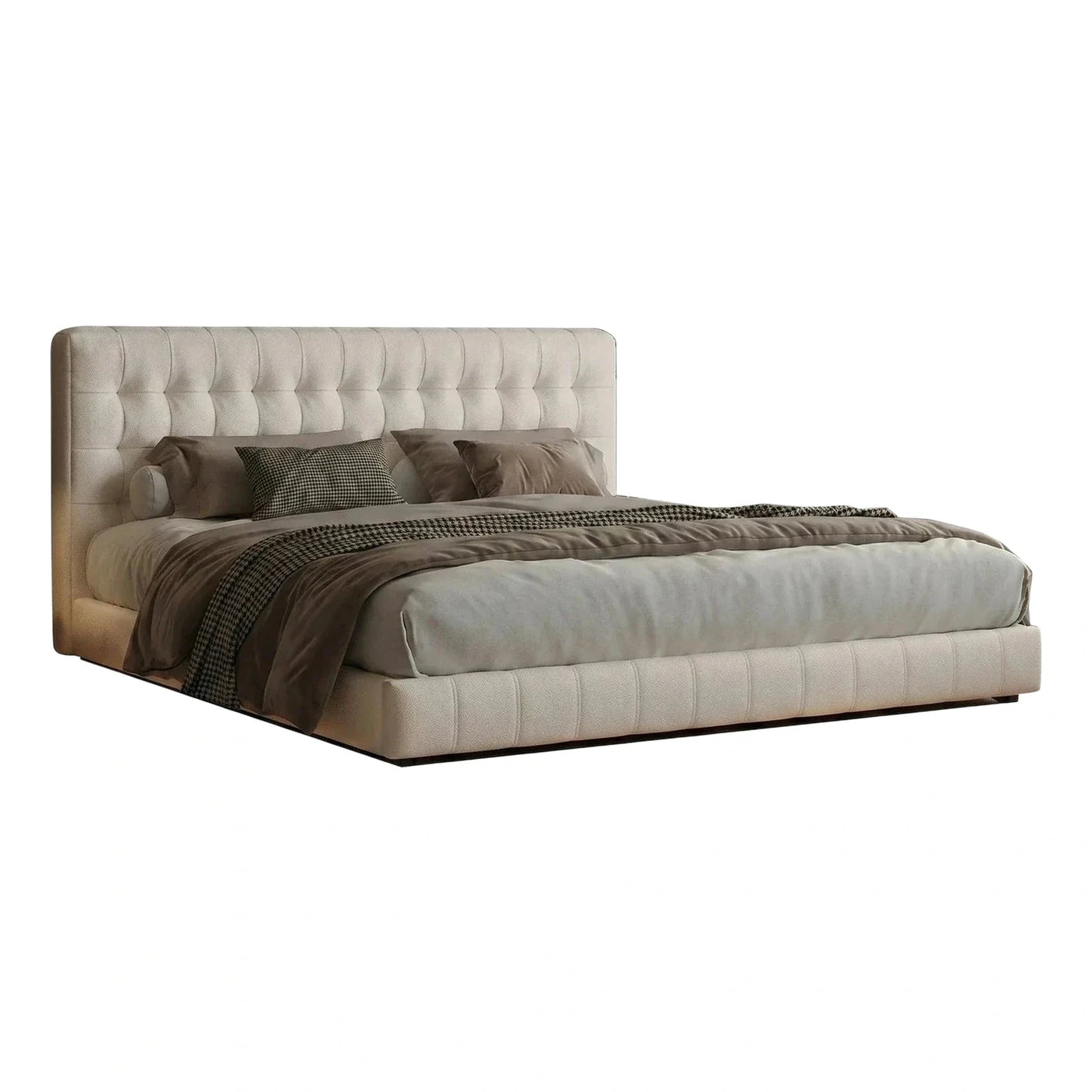Modern Cream Tufted Leather Platform Bed Frame