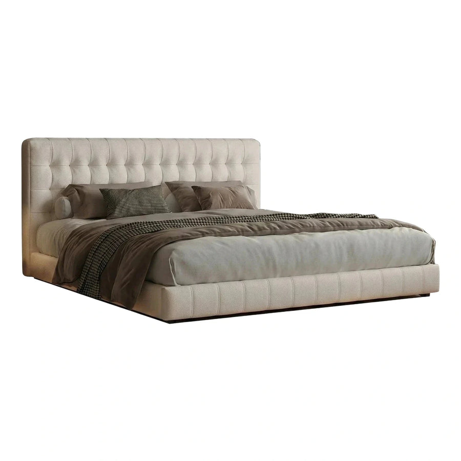 Modern Cream Tufted Leather Platform Bed Frame