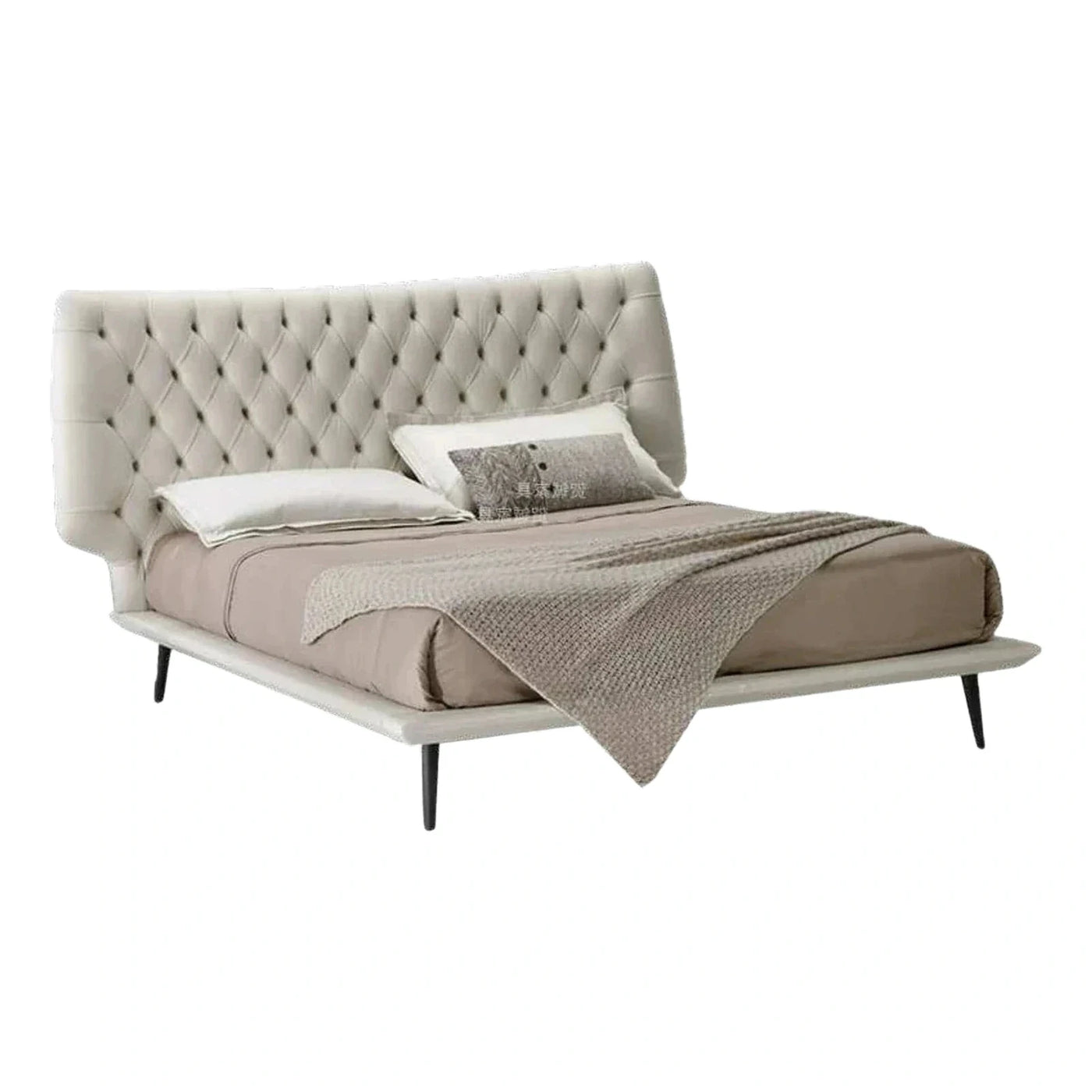 Cream Tufted Upholstered Platform Bed with Wingback Headboard
