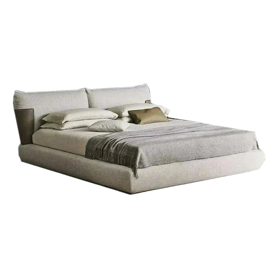Modern Cream Upholstered Platform Bed with Leather Accents