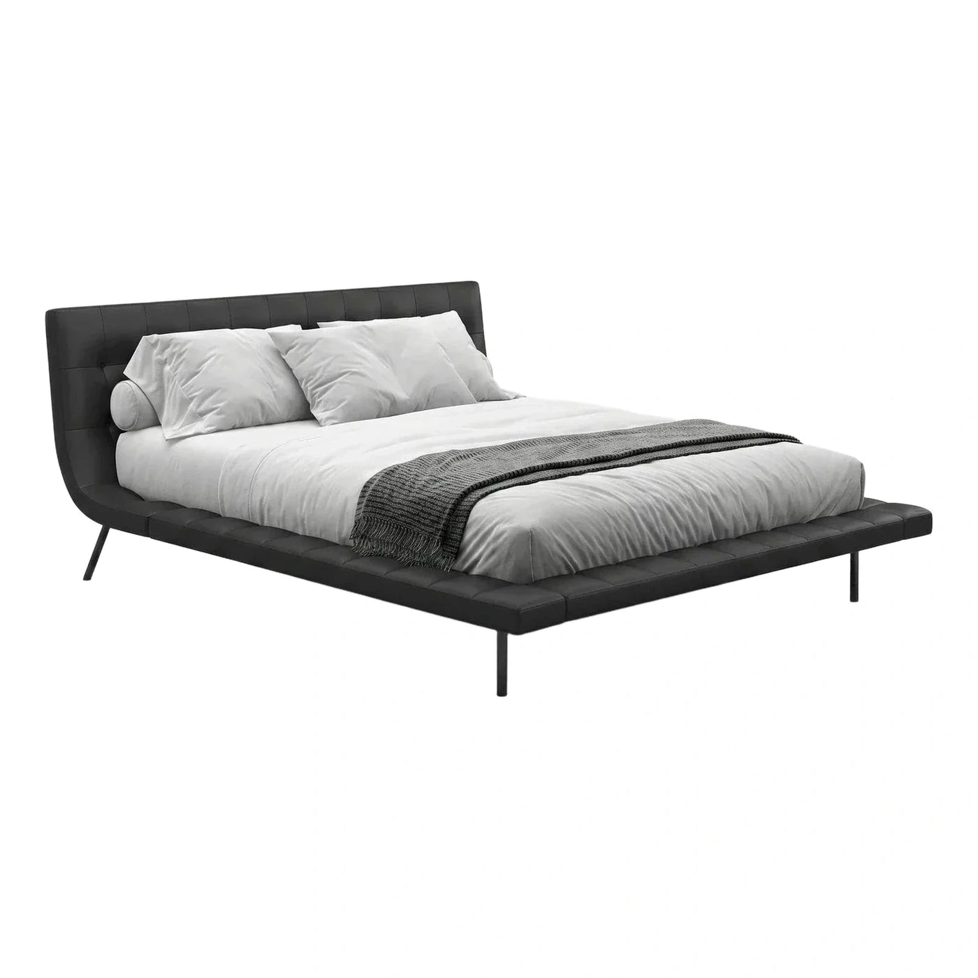 Modern Black Leather Platform Bed with Curved Headboard
