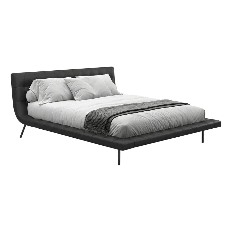 Modern Black Leather Platform Bed with Curved Headboard