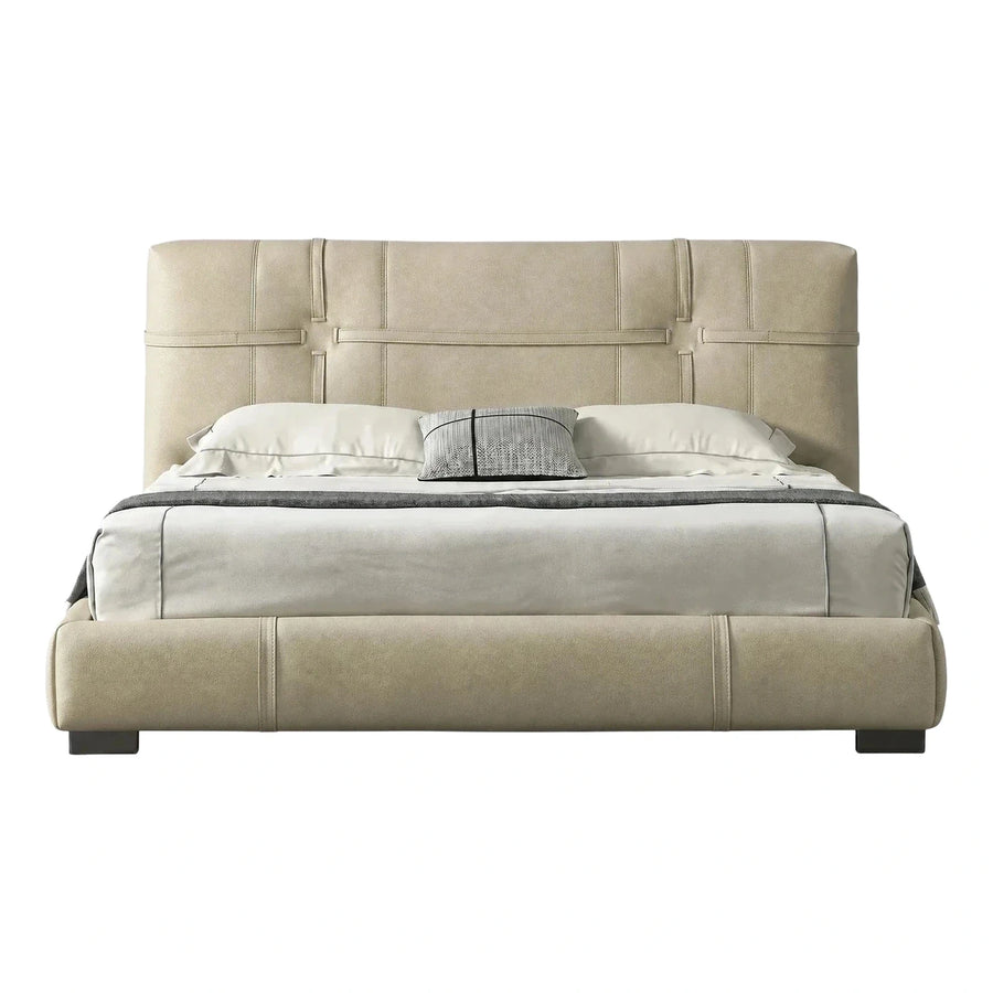 Cream Leather Platform Bed with Vertical Stitching Details