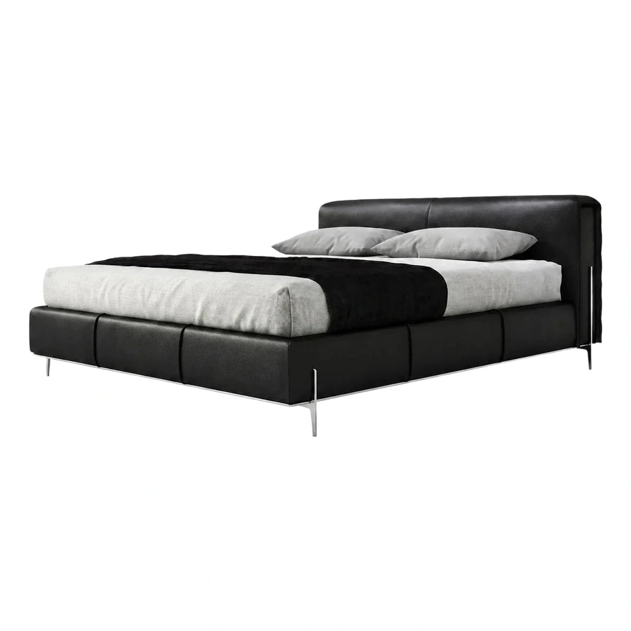 Modern Black Leather Platform Bed with Metal Legs