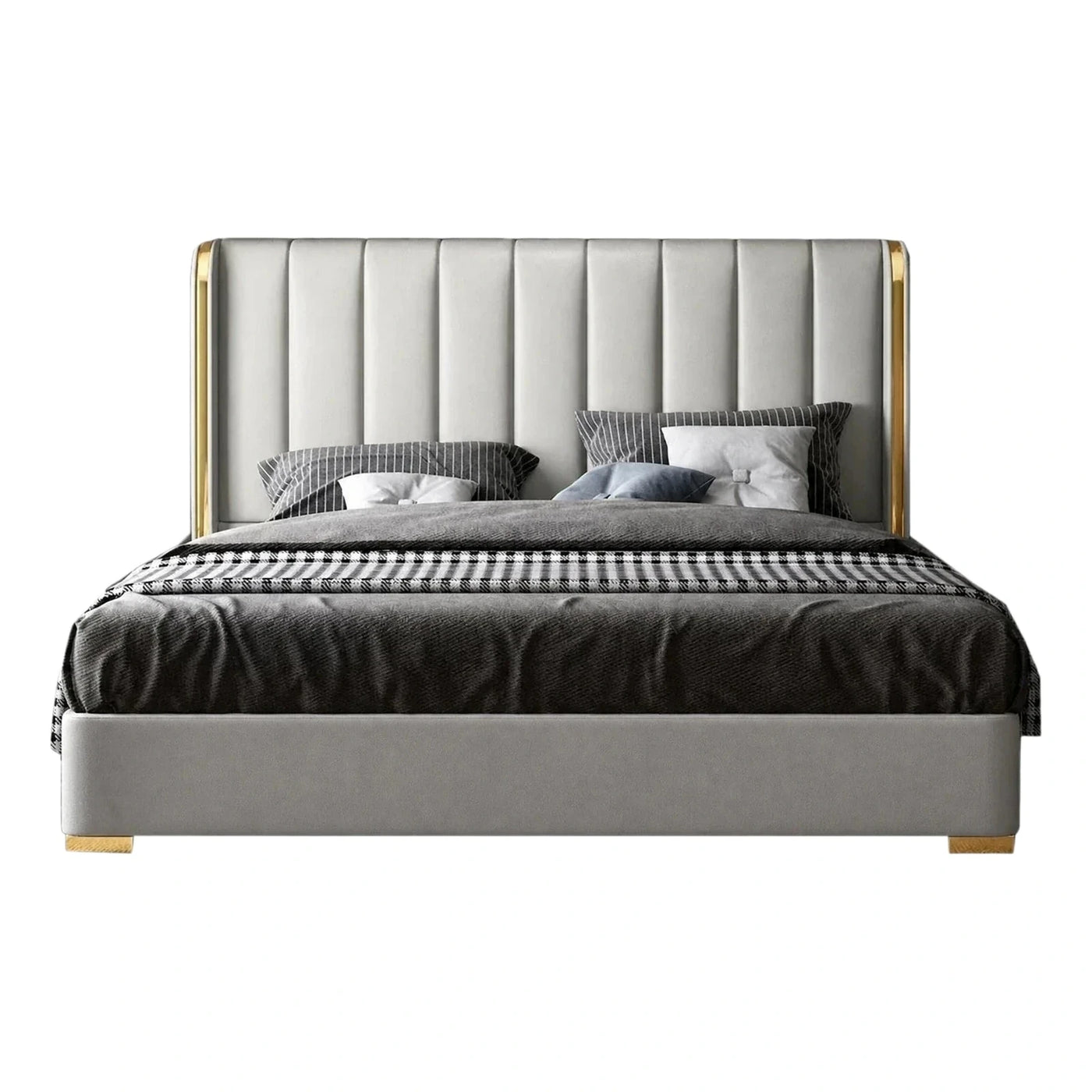 Modern Grey Upholstered Platform Bed with Gold Accents