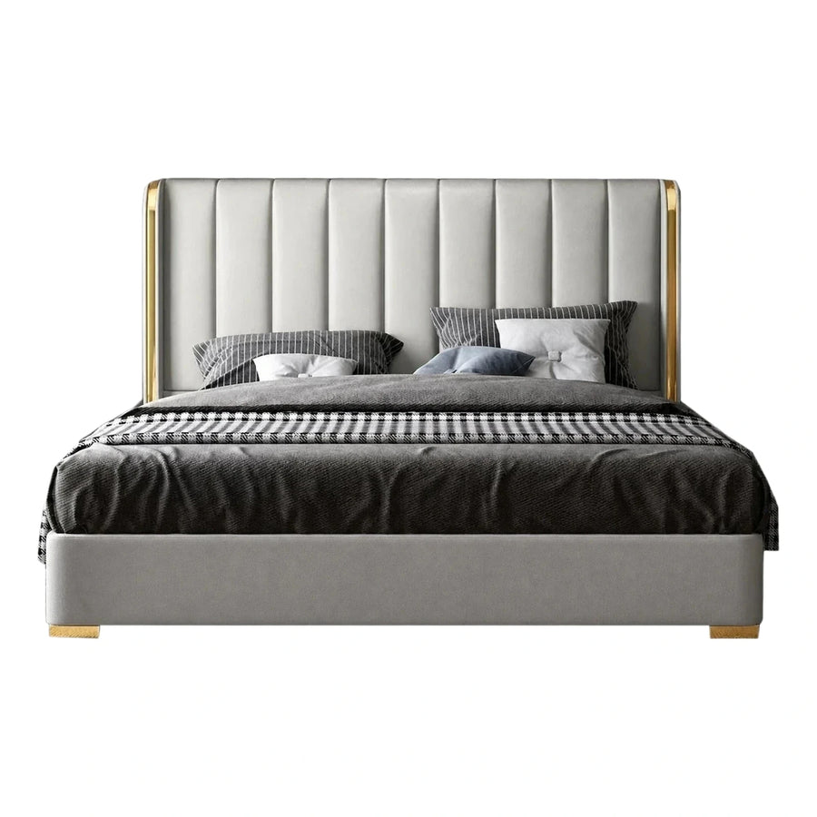 Modern Grey Upholstered Platform Bed with Gold Accents