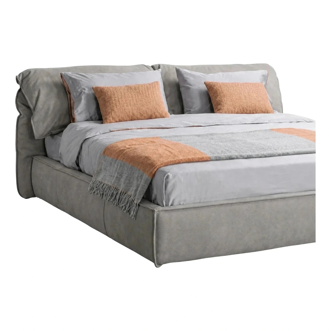 Modern Grey Upholstered Platform Bed with Padded Headboard