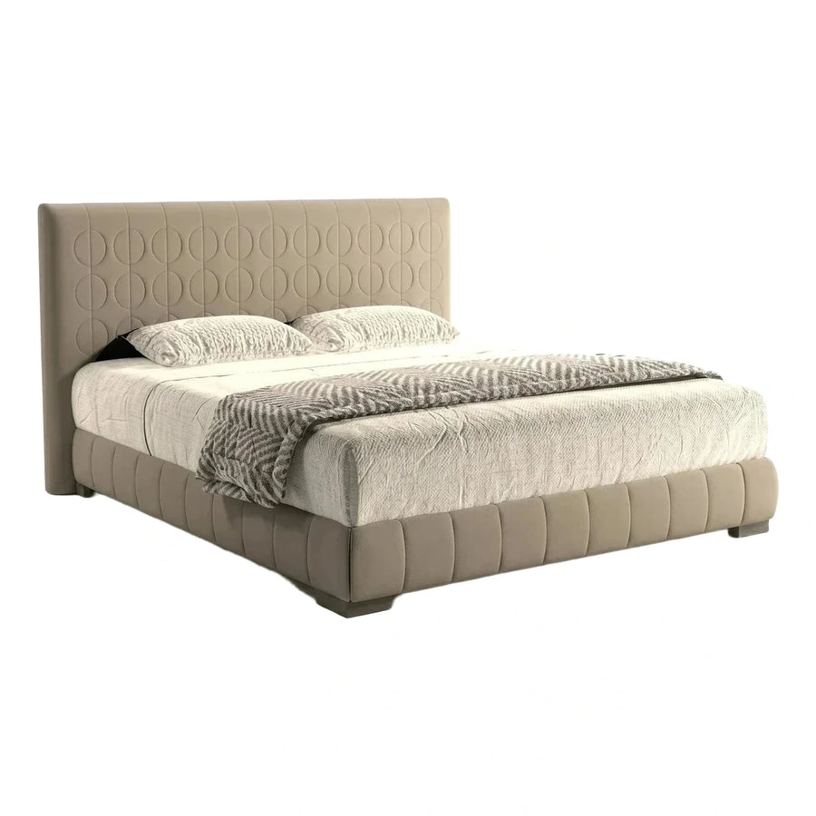 Beige Upholstered Platform Bed with Geometric Headboard