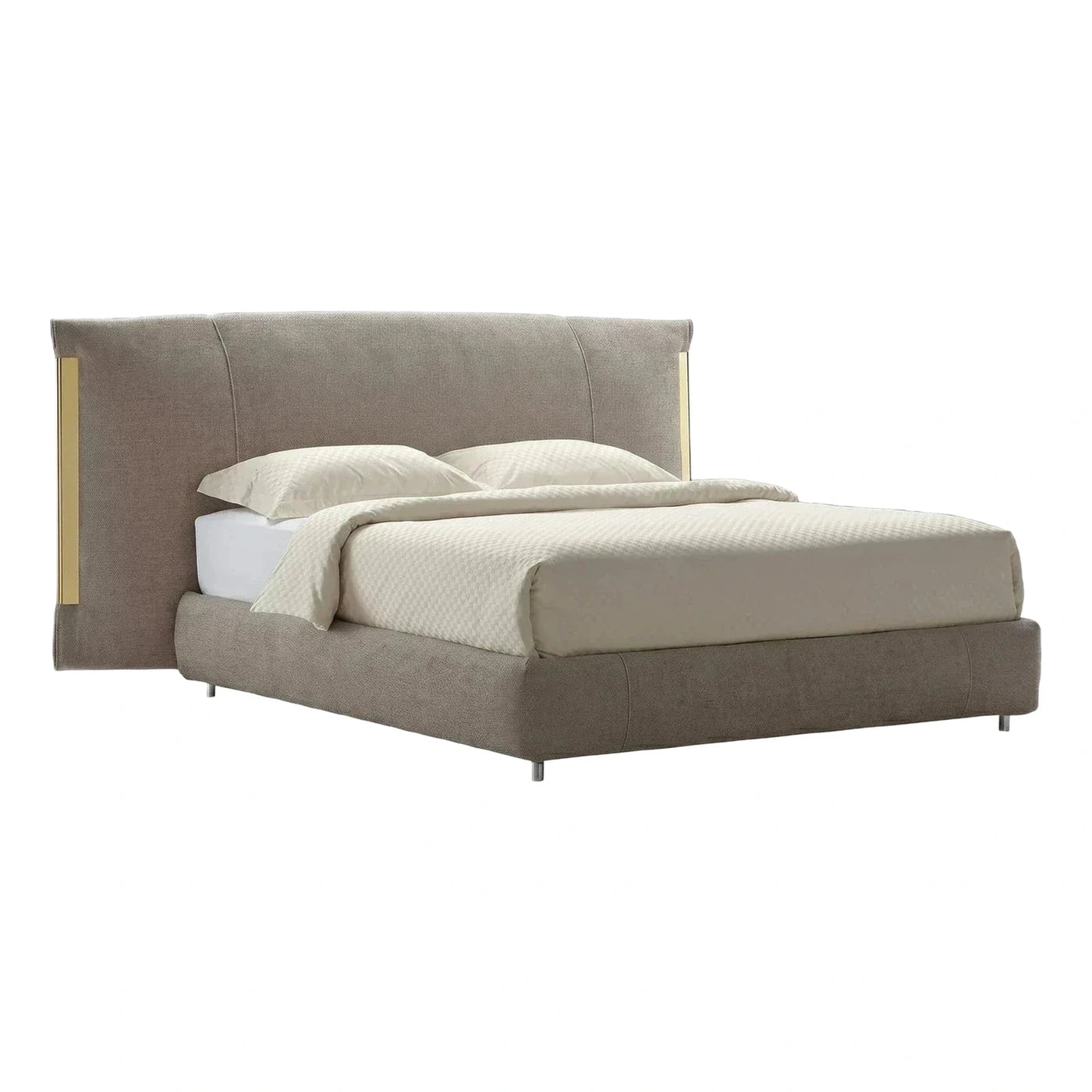 Modern Beige Upholstered Platform Bed with Gold Accents